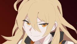  1girl arong blonde_hair closed_mouth commentary dated_commentary long_hair looking_at_viewer matara_okina missing_headwear orange_eyes orange_tabard portrait red_background smile solo tabard touhou 