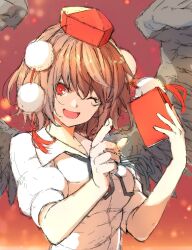  1girl bird_wings black_wings brown_hair commentary_request covered_collarbone hat highres holding holding_notebook index_finger_raised medium_hair mikoma_sanagi notebook one_eye_closed open_mouth pom_pom_(clothes) red_background red_eyes red_hat ribbon shameimaru_aya smile solo tokin_hat touhou wings 