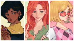  3girls absurdres alex_(totally_spies!) anna_(anta_baka00) bad_id bad_twitter_id black_hair blonde_hair blush clover_(totally_spies!) commentary cosmetics earrings fingernails green_nails green_shirt highres holding holding_lipstick_tube jewelry lipstick_tube long_fingernails long_hair multiple_girls orange_hair pink_lips pink_nails pink_sweater sam_(totally_spies!) shirt short_hair sleeveless sleeveless_sweater smile sunglasses sweater totally_spies! turtleneck v yellow_eyes 