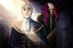  2boys ascot black_eyes closed_mouth coat commentary_request demon_boy gluck_(sousou_no_frieren) grey_hair hei-b highres long_hair macht_(sousou_no_frieren) multiple_boys old old_man pink_hair shaded_face sousou_no_frieren upper_body white_ascot 