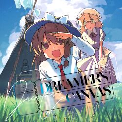  2girls album_cover asymmetrical_sidelocks black_hat black_skirt blonde_hair blue_sky blush bow brown_eyes brown_hair clouds cloudy_sky collared_dress commentary_request contrast_collar cover dress futoumeido grass hat hat_bow highres kerosene_lamp kneeling long_hair long_sleeves maribel_hearn mob_cap multiple_girls neck_ribbon necktie open_mouth pizuya's_cell purple_dress red_necktie red_ribbon ribbon ribbon-trimmed_skirt ribbon_trim salute sash shirt short_sleeves sidelocks skirt sky sleeve_garter standing tent touhou usami_renko white_bow white_hat white_sash white_shirt 