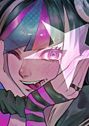  1girl black_hair black_scrunchie blue_streaks danganronpa_(series) danganronpa_2:_goodbye_despair ear_piercing face_piercing gloves hair_horns head_on_hands jewelry lip_piercing lll_lwlv long_hair mioda_ibuki mouth_piercing multicolored_hair multiple_piercings multiple_rings one_eye_closed piercing pink_eyes pink_hair pink_streaks portrait ring scene_fashion scrunchie sequential_piercings smile solo star_(symbol) streaked_hair striped_clothes striped_gloves white_hair white_streaks wrist_scrunchie 