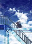  1girl absurdres blue_sky clouds hat highres kumagaya_nono long_hair red_sweater sky stairs sweater white_headwear 