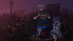  2girls ahoge animal_ears black_shirt brown_eyes bush cat_ears cat_girl cat_tail city closed_mouth commentary cooking cooking_oil cutting_board dress frilled_dress frills frying_pan girls_made_pudding gnom_na_korable grey_eyes highres holding holding_knife house knife long_hair maid motor_vehicle motorcycle multiple_girls nikomi_(girls_made_pudding) one_eye_closed outdoors oversized_clothes oversized_shirt portable_stove purple_hair radio_tower road salt shirt sitting standing sumibi_(girls_made_pudding) tail traffic_cone twilight white_hair 