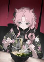  1girl absurdres alternate_costume animal_ears bema_(sinsekai) black_eyes black_flower black_kimono black_nails black_rose black_sash black_scarf braid chopsticks commentary eating fingernails floral_print floral_print_kimono flower food food_in_mouth fur_scarf grey_eyes hair_flower hair_ornament heterochromia highres holding holding_chopsticks holding_spoon horse_ears japanese_clothes kamitsubaki_studio kanzashi kemonomimi_mode kimono long_hair looking_at_viewer momori0118 mouth_hold nail_polish noodles noren obi parted_bangs pink_hair print_kimono ramen rose sash scarf side_braid sidelocks sinsekai_record solo spoon tonkotsu_ramen tsumami_kanzashi upper_body virtual_youtuber wide_sleeves 