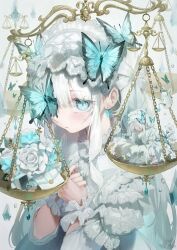  1girl aqua_eyes bug butterfly closed_mouth dress flower frilled_wristband highres jewelry letter light_blush looking_at_viewer mini_person minigirl negimapurinn one_eye_covered original own_hands_together ring ring_box rose solo upper_body watering_can weighing_scale white_background white_dress white_flower white_hair white_rose 