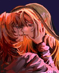  1boy 1girl blonde_hair blue_eyes ewron eye_contact fangs funeral_veil grabbing_another's_chin hand_on_another's_chin highres imminent_kiss katieb long_hair long_sleeves looking_at_another merqti minecraft_youtube open_mouth quackity_smp red_hair smile vampire veil 