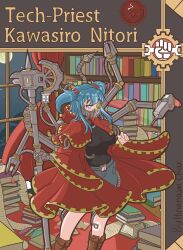  1girl absurdres alternate_costume axe black_shirt blue_shorts book book_stack bookshelf boots breasts bright_pupils brown_boots capelet character_name chinese_commentary commentary_request cyborg english_text fold-over_boots gauge hair_bobbles hair_ornament highres hinanawi_char holding holding_axe hood hood_down hooded_robe indoors kawashiro_nitori knee_boots lace-up_boots large_breasts long_hair looking_at_viewer mechanical_arms mechanical_eyes night omnissian_axe red_capelet red_robe robe science_fiction shirt shorts single_mechanical_eye solo techpriest touhou warhammer_40k white_pupils window 