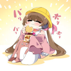  1girl bloomers brooch brown_hair closed_eyes collared_dress crumbs dress eating food hat headset heart heart_brooch highres jewelry kindergarten_uniform konbulatte low_twintails noodles pink_dress pink_sleeves ramen school_hat sleeves_past_fingers sleeves_past_wrists solo stuffed_animal stuffed_rabbit stuffed_toy tsukuyomi_ai twintails voiceroid white_bloomers yellow_hat 