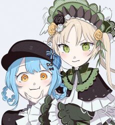  2girls absurdres ameco_(nanmoneena) bird_hat_ornament black_bow black_bowtie black_capelet black_flower black_hat black_rose blonde_hair blue_hair bonnet bow bow_flower bowtie braid braided_hair_rings capelet cheek_squash closed_mouth deerstalker dress flower frilled_capelet frilled_dress frilled_sleeves frills green_bonnet green_eyes hair_bow hair_flower hair_ornament hair_rings hat hat_bow highres lolita_fashion long_hair long_sleeves looking_at_viewer mahou_shoujo_no_majo_saiban multiple_girls rose short_hair simple_background tachibana_sherry tono_hanna twintails white_background white_flower white_rose wide_sleeves winged_hat yellow_eyes yellow_flower yellow_rose yuri 
