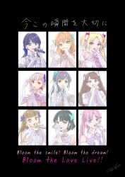  6+girls :d anyoji_hime aqua_eyes aurora_flower_(love_live!) bare_shoulders black_border black_hair blonde_hair blue_eyes blue_hair blue_ribbon blunt_bangs blush bob_cut border braid brown_hair butterfly_hair_ornament center-flap_bangs colored_inner_hair commentary_request crossed_bangs diagonal_bangs earrings elbow_gloves english_text fujishima_megumi gloves gradient_hair green_eyes grey_hair hair_bun hair_ornament highres hinoshita_kaho holding holding_microphone inverted_bob jewelry kachimachi_kosuzu long_hair looking_at_viewer love_live! love_live!_hasu_no_sora_jogakuin_school_idol_club low_twintails medium_hair microphone mixed-language_text momose_ginko multicolored_hair multiple_girls murano_sayaka neck_ribbon official_alternate_costume open_hand open_mouth orange_hair osawa_rurino otomune_kozue parted_bangs pink_eyes pink_hair pink_ribbon ponytail purple_hair purple_ribbon red_eyes red_hair ribbon shirt short_hair side_braids side_ponytail sidelocks signature singing single_side_bun sleeveless sleeveless_shirt smile straight_hair streaked_hair suito twintails two_side_up violet_eyes virtual_youtuber white_background white_gloves white_shirt yugiri_tsuzuri 