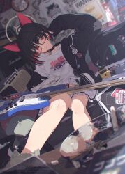  1girl animal_ears arm_up badge bare_legs bass_guitar bespectacled black-framed_eyewear black_hair black_jacket blue_archive blunt_bangs blurry blurry_background blurry_foreground bottle box bracelet cat_ears cat_girl clothes_on_wall colored_inner_animal_ears colored_inner_hair commentary dutch_angle effects_pedal extra_ears feet_out_of_frame glass_bottle glasses glassware guitar guitar_case halo head_tilt highres holding holding_bottle indoors instrument instrument_case jacket jewelry kazusa_(band)_(blue_archive) kazusa_(blue_archive) long_sleeves looking_at_viewer multicolored_hair ogipote open_clothes open_jacket parted_lips pink_hair poster_(object) reading red_eyes sheet_music shirt short_hair sidelocks sitting skirt speaker sticker watermark white_shirt white_skirt 
