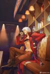  1boy alcohol belt_bra blue_eyes coat dante_(devil_may_cry) devil_may_cry_(series) devil_may_cry_3 drink evanolge fingerless_gloves gloves holding holding_drink jacket looking_at_viewer male_focus rebellion_(sword) red_coat smile solo sword weapon white_hair 