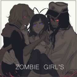  1boy 2girls antenna_hair bambietta_basterbine black_hair black_kimono bleach bleach:_sennen_kessen-hen blonde_hair blunt_bangs cape commentary_request dark dark-skinned_female dark_skin dress drooling english_text feet_out_of_frame giselle_gewelle glowing glowing_eyes grin hair_between_eyes hand_up hat holding_hands ikuno_taso inset_border interlocked_fingers japanese_clothes kimono knees_together_feet_apart knees_up long_hair long_sleeves looking_at_viewer matsumoto_rangiku medium_hair mouth_drool multiple_girls obi open_mouth parted_lips peaked_cap profile red_eyes sash sideways_glance simple_background sitting sketch sleeves_past_wrists smile trap violet_eyes white_background white_cape white_dress white_hat white_sash wide_sleeves zombie_(bleach) 