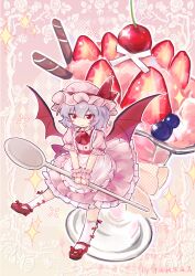  1girl absurdres apron ascot banfen_mocha_mashu bat_wings blue_hair blueberry blush_stickers cherry chinese_commentary closed_mouth commentary_request food frilled_skirt frills fruit full_body hat hat_ribbon highres ice_cream looking_at_viewer mary_janes mob_cap pink_hat pink_shirt pink_skirt pink_wrist_cuffs puffy_short_sleeves puffy_sleeves red_ascot red_eyes red_shoes remilia_scarlet ribbon shirt shoes short_sleeves skirt skirt_set smile socks solo strawberry strawberry_slice sundae touhou wafer_stick waist_apron white_apron white_socks wings wrist_cuffs 