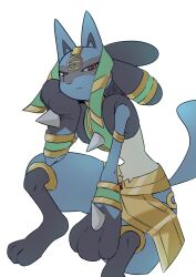  ancient_egyptian_clothes black_fur blue_fur blue_tail brown_fur clothed_pokemon highres looking_at_viewer lucario lucario_(ruins) multicolored_fur official_alternate_costume pokemon pokemon_(creature) pokemon_unite red_eyes simple_background sitting solo spikes tillubreakin white_background 