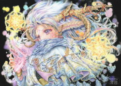  1girl animal_ears black_background blue_capelet blue_hair blue_scarf bracer capelet colored_pencil_(medium) commentary_request covered_mouth curled_horns eight-pointed_star facial_tattoo flower_tattoo forehead_tattoo hand_up horn_ornament horns jewelry long_hair looking_ahead mion_(beluga_song) necklace original scarf scarf_over_mouth solo star_(symbol) tassel tattoo traditional_media upper_body violet_eyes watermark yellow_horns 