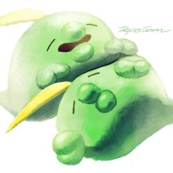  blob closed_eyes colored_skin commentary_request green_skin gulpin highres no_humans on_head open_mouth pokemon pokemon_(creature) pokemon_focus puckered_lips tepetom_(77hhaarruu) white_background 