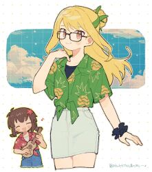  ^_^ black_scrunchie black_shirt blue_shorts blue_sky bow brown_eyes brown_hair closed_eyes closed_mouth clouds cropped_legs cutoffs eighth_note flower glasses green_bow green_shirt grey_skirt hair_bow hair_bun hair_flower hair_ornament hand_up hawaiian_shirt highres holding holding_instrument holding_ukulele instrument jikkyou_powerful_pro_yakyuu lapels long_hair miniskirt musical_note natsume_houri open_mouth pencil_skirt pineapple_print playing_instrument ponytail power_pro_appli print_shirt red_flower red_shirt scrunchie shirahama_asami shirt short_hair short_ponytail short_sleeves shorts skirt sky smile standing tied_shirt translation_request ukulele wrist_scrunchie yo_sd99 