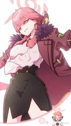 1girl absurdres aru_(blue_archive) aruke_(gter7727) black_skirt blue_archive breasts brown_jacket closed_eyes commentary_request crossed_arms eyelashes fur-trimmed_jacket fur_trim glasses highres horns jacket jacket_on_shoulders long_hair long_sleeves neck_ribbon orange_eyes pink_hair red_ribbon ribbon semi-rimless_eyewear shirt short_hair short_sleeves simple_background skirt smile solo speech_bubble sweater thought_bubble white_background white_shirt white_sweater 