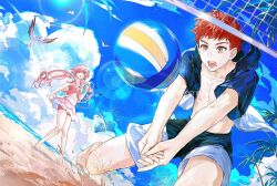  1boy 1girl ball beach beachball bikini blue_sky breasts clouds couple day emiya_shirou fate/stay_night fate_(series) full_moon highres jacket long_hair momomiya_shizuku_(gaoyue_jixiang) moon navel oc_x_canon ocean open_clothes open_jacket orange_hair original outdoors palm_tree pink_eyes pink_hair pink_skirt red_hair ribbon sand skirt sky swimsuit tree water 