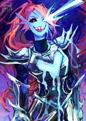  1girl armor black_sclera blue_skin colored_sclera colored_skin energy_spear energy_weapon fins fish_girl genocide_route_(undertale) glowing glowing_eye grin head_fins highres holding holding_weapon laser long_hair open_mouth polearm ponytail red_hair sharp_teeth smile solo spear teeth undertale undyne undyne_the_undying utdr_(toby_fox) v0id_sp1ll weapon 