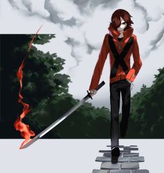  1boy absurdres brown_hair burning fire hand_in_pocket highres holding holding_sword holding_weapon jacket katana long_sleeves male_focus multicolored_jacket pants penperryart persona persona_2 persona_2_batsu red_jacket shirt solo suou_tatsuya suou_tatsuya_(persona_2_batsu) sword track_jacket two-tone_jacket weapon 