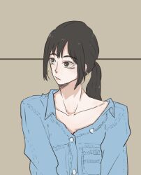  1girl bad_id bad_twitter_id blue_shirt brown_eyes brown_hair chinese_commentary closed_mouth commentary_request earrings gfriend jewelry kzzzzz_1534 looking_to_the_side ponytail shirt simple_background solo upper_body yuju_(gfriend) 