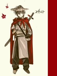  1boy alternate_costume black_eyes black_hair cape chinese_clothes false_memory fengguo_huangtu flower hand_on_hilt hat highres looking_at_viewer male_focus mouth_hold pants protagonist_halo red_cape simple_background smile solo stalk_in_mouth straw_hat sword sword_on_back weapon weapon_on_back 