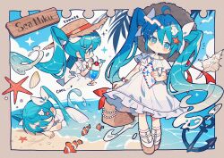  1girl ahoge anchor bird blue_eyes blue_hair blue_sky blush_stickers border brown_hat brown_shoes cherry chibi chibi_only closed_mouth clouds commentary cup day double-parted_bangs dress drinking_glass food fruit full_body grey_border hair_between_eyes hair_ornament hair_ribbon hairclip hat hatsune_miku highres holding holding_letter letter liquid_hair long_hair multiple_views ocean outdoors outside_border parallel_hairclips ribbon seagull shell shell_hair_ornament shoes short_sleeves sky sparkle standing starfish_hair_ornament twintails very_long_hair vocaloid water white_dress white_ribbon yumenouchi_chiharu 