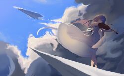  1girl absurdres alternate_costume bat_wings blue_hair blue_sky bow_(music) clouds commentary day dress english_commentary falling_feathers feathers highres holding holding_bow_(music) holding_instrument holding_violin instrument missing_headwear outdoors oversized_object paper_airplane playing_instrument remilia_scarlet sky solo strapless strapless_dress touhou violin white_dress white_feathers wind wings yrenkun 