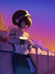  1girl avatar:_the_last_airbender avatar_legends black_hair blind breasts clenched_teeth commentary english_commentary flower green_pants grey_eyes hair_between_eyes highres holding holding_flower house large_breasts leaning_back medium_hair muscular muscular_female orange_sky outdoors pants shirt sky solo standing sunset teeth toph_beifong walkinho yellow_shirt 
