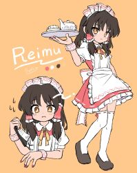  1girl alternate_costume apron back_bow blush bow brown_eyes brown_hair brown_shoes character_name closed_mouth color_guide commentary_request dress enmaided frilled_hair_tubes frills full_body hair_tubes hakurei_reimu highres holding holding_tray long_hair looking_at_viewer maid maid_apron maid_headdress multiple_views neck_ribbon open_mouth ramudia_(lamyun) red_dress red_nails reimu_day ribbon ribbon-trimmed_thighhighs ribbon_trim shoes signature sweat thigh-highs touhou tray white_apron white_bow white_thighhighs white_wrist_cuffs wrist_cuffs yellow_ribbon 