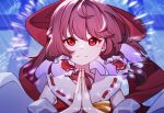 1girl brown_hair colored_inner_hair detached_sleeves frown hair_ribbon hakurei_reimu japanese_clothes medium_hair miko multicolored_hair own_hands_together palms_together portrait red_eyes red_ribbon ribbon sidelocks tojorin touhou white_hair 