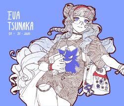  1girl absurdres backpack bag birthday black_choker black_hair black_shirt blue_background blue_eyes bracelet braid chain choker drill_hair drill_sidelocks english_commentary eva_tsunaka gengar glasses gradient_hair hairband highres holding jewelry key key_necklace lace-trimmed_choker lace_trim long_hair merchandise multicolored_hair necklace official_art pants pokemon project:_eden's_garden red_hairband seraph_(sera_phiel) shirt sidelocks simple_background very_long_hair white_hair 