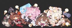  4girls :d ahoge angelina_(arknights) angelina_the_mellow_wish_(arknights) animal_ear_fluff animal_ears arknights bag black_bag black_collar black_hairband box brown_bag brown_hair cardboard_box chibi chibi_only chigui_jihe chinese_commentary collar commentary_request floating fox_ears fox_girl gloves grey_eyes hair_between_eyes hairband highres hiking_backpack holding holding_umbrella ice_cream_cone infection_monitor_(arknights) jacinta_(arknights) long_hair looking_at_viewer multicolored_hairband multiple_girls one_eye_closed orange_gloves pink_eyes pink_hair rabbit_ears rabbit_girl raccoon_ears raccoon_girl smile thumpy_(arknights) timeslot_(arknights) twintails two-tone_hairband umbrella very_long_hair white_hair white_umbrella 