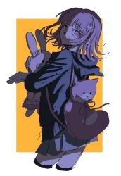  1girl animal_bag bag brown_hair cat_bag danganronpa_(series) danganronpa_2:_goodbye_despair flipped_hair hair_ornament highres jacket long_sleeves mayo845373 medium_hair nanami_chiaki neck_ribbon pink_bag pink_eyes ribbon skirt solo usami_(danganronpa) white_background yellow_background zettai_ryouiki 