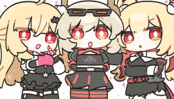  3girls absurdres ahoge bare_shoulders black_boots black_jacket black_skirt black_thighhighs black_tube_top blonde_hair boots burnice_white chibi chibi_only cissia_(zenless_zone_zero) claret_flint commentary_request coyuz detached_sleeves eyewear_on_head hair_between_eyes hair_ornament hair_ribbon hairclip highres jacket korean_commentary long_hair looking_at_viewer multiple_girls open_mouth pom_pom_(clothes) pom_pom_hair_ornament red-tinted_eyewear red_eyes red_ribbon ribbon skirt snake snake_girl sphere_hair_ornament strapless sunglasses thigh-highs thigh_boots tinted_eyewear tube_top twintails white_background white_snake white_thighhighs zenless_zone_zero 