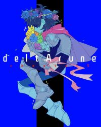  1other aming1001 aqua_skin armor armored_boots blue_background blue_flower blue_hair blue_rose boots cape colored_skin copyright_name deltarune english_text flower full_body gauntlets green_flower head_wreath kris_(dark_world)_(deltarune) kris_(deltarune) orange_flower other_focus pink_cape purple_flower rose short_hair shoulder_armor utdr_(toby_fox) yellow_flower 