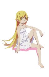  1girl bare_shoulders barefoot dress gesugesu_ahoaho highres long_hair looking_at_viewer monogatari_(series) oshino_shinobu simple_background sitting smile very_long_hair white_background white_dress yellow_eyes 