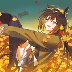  1girl :d animal_ears autumn autumn_leaves blush brown_cardigan brown_hair brown_shoes cardigan commentary_request ear_covers ear_ornament from_side full_body gradient_eyes gradient_hair highres horse_ears horse_girl leaf leaf_background loafers long_sleeves looking_at_viewer multicolored_eyes multicolored_hair open_cardigan open_clothes open_mouth orange_theme own_hands_together pleated_skirt ponytail purple_serafuku purple_shirt purple_skirt purple_thighhighs rjarld school_uniform serafuku shirt shoes sitting skirt smile solo stay_gold_(umamusume) streaked_hair thigh-highs tracen_school_uniform umamusume violet_eyes white_streaks winter_uniform zettai_ryouiki 