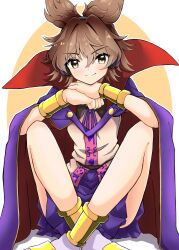 1girl absurdres anklet bangle bracelet brown_eyes brown_hair cape closed_mouth commentary earphones elbows_on_knees gold_anklet gold_bangle gold_sandals gurajio hair_between_eyes head_rest highres jewelry knees_up looking_at_viewer medium_hair pointy_hair purple_cape purple_skirt red_cape sandals shirt sitting skirt sleeveless sleeveless_shirt smile socks solo touhou toyosatomimi_no_miko two-tone_cape white_socks 