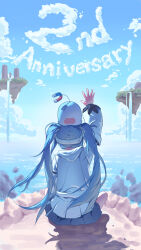  1girl absurdres anniversary arahashi_tabi blue_hair blue_skirt blue_sky clouds commentary_request english_commentary floating_island hat highres hood hooded_jacket jacket korean_commentary long_hair magnet miniskirt mixed-language_commentary ocean outdoors pleated_skirt seasalt_flavour sitting skirt sky solo stellive water waterfall white_jacket 