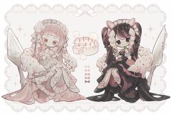  2girls absurdly_long_hair birthday_cake black_shoes blonde_hair blunt_bangs bow brown_dress brown_eyes brown_hair brown_ribbon cake cake_slice candle closed_mouth colored_eyelashes commentary_request cross-laced_clothes cross-laced_dress dessert dot_mouth dress expressionless finger_to_own_chin fire food food-themed_hair_ornament fork frilled_dress frilled_pantyhose frills full_body ghost hair_ornament hair_ribbon hair_sprinkles hairband high-low_dress highres holding holding_fork icing icing_spatula icing_trim knife lace_background layered_dress lolita_fashion long_hair maid_headdress multicolored_hair multiple_girls naiguozi no_pupils original pantyhose ribbon shoes sitting sprinkles strawberry_hair_ornament streaked_hair thick_eyebrows twintails very_long_hair whipped_cream white_background white_bow white_dress white_eyelashes white_pantyhose white_ribbon white_shoes white_wrist_cuffs wrist_cuffs 