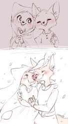  1boy 1girl ^_^ aged_down animal_ears animal_nose arm_around_another's_back arm_around_shoulder artist_name belt blurry blurry_foreground blush body_fur breasts brooch child closed_eyes closed_mouth commentary english_commentary facing_viewer falling_petals flower fox_boy fox_ears fox_girl fox_tail furry furry_female furry_male furry_with_furry hand_on_own_hip hand_up hands_up happy hat hat_feather hetero highres holding holding_flower holding_hands interlocked_fingers jewelry long_sleeves looking_at_another looking_to_the_side maid_marian_(disney) meme_(penpengusa_no_meme) monochrome multiple_views open_mouth orange_fur own_hands_together partially_colored petals raised_inner_eyebrows robin_hood_(disney_character) robin_hood_(disney_movie) shirt sideways_glance signature sketch small_breasts smile snout tail tears tunic two-tone_fur upper_body veil white_fur wide-eyed 