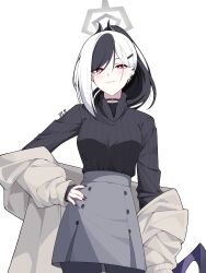 1girl absurdres artist_name black_choker black_hair black_horns black_nails black_sweater black_wings blue_archive breasts choker closed_mouth coat cowboy_shot exe.31 grey_coat grey_halo grey_skirt hair_ornament hairclip halo hand_on_own_hip highres horns kayoko_(blue_archive) large_breasts light_frown long_hair looking_at_viewer multicolored_hair off_shoulder ponytail red_eyes simple_background single_wing skirt solo standing straight-on sweater two-tone_hair white_background white_hair wings 