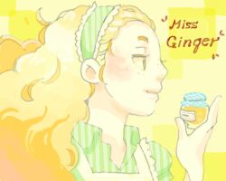  1girl apron as_(mememi) bad_drawr_id bad_id big_hair blonde_hair closed_mouth collared_shirt curly_hair freckles from_side green_hairband green_shirt hairband hand_up holding holding_jar jar light_smile original profile shirt solo white_apron yellow_background yellow_eyes 