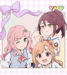  3girls :3 ;3 ahoge blue_sweater_vest border bow brown_hair call_me!!!_(love_live!) chamomile_tea38 closed_mouth collared_shirt commentary gingham_border goto_akira green_eyes hair_ornament hair_scrunchie heart highres ikizulive!_love_live!_bluebird kanazawa_miracle long_hair looking_at_viewer love_high_school_uniform love_live! medium_hair multiple_girls neckerchief one_eye_closed one_side_up orange_hair pink_border pink_bow pink_hair pink_neckerchief pink_scrunchie polka_dot polka_dot_background ponytail school_uniform scrunchie shaka_sign shirt smile sweater_vest takahashi_polka v-shaped_eyebrows white_shirt 