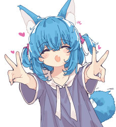  1girl :d ^_^ absurdres animal_ear_fluff animal_ears aoi_tori blue_hair blue_hoodie blush_stickers closed_eyes collarbone commentary_request double_v drawstring facing_viewer fox_ears fox_girl fox_tail hair_between_eyes heart highres hood hood_down hoodie notice_lines open_mouth original outstretched_arms short_hair short_sleeves sidelocks simple_background smile solo tail teru-chan_(aoi_tori) two_side_up upper_body v white_background 