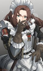  1girl apron artist_name asterisk_kome brown_hair cigarette commentary_request dagger flag_patch floating_hair gina_wallace gloves green_eyes hand_on_own_hip heroes_of_order highres insignia knife maid maid_apron maid_headdress medal medium_hair military patch puffy_sleeves scabbard sheath smoking sword tactical_maid unconventional_maid upper_body weapon 